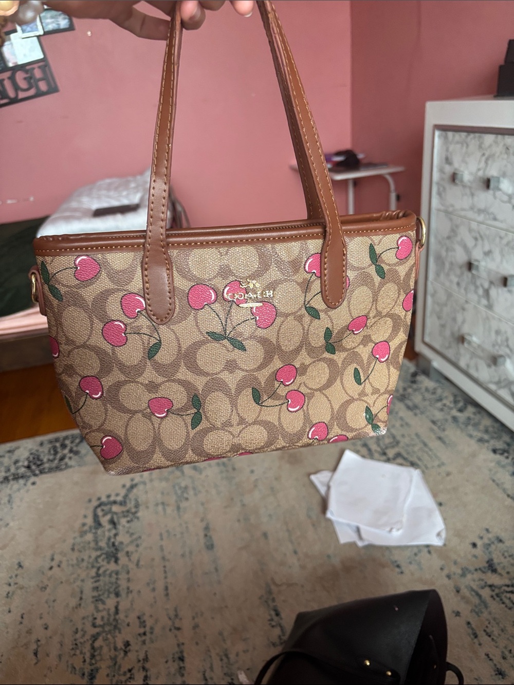 Coach Signature Canvas Tote with Pink Cherry Print and Brown Trim